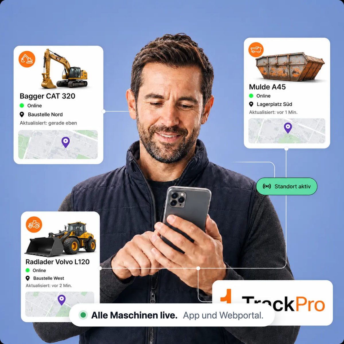 Alle Baumaschinen live auf der Karte in App und Webportal