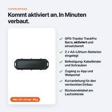 Lieferumfang: GPS-Tracker TrackPro Barra, aktiviert, Batterien, Befestigung
