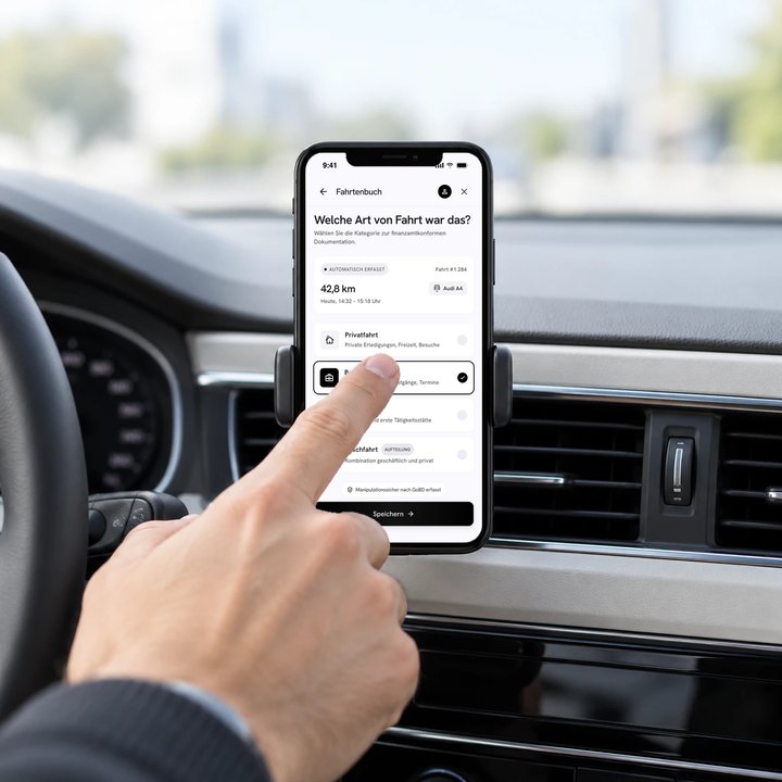 Finger tippt in der TrackPro App auf Betriebsfahrt, Handy in der Halterung im Auto
