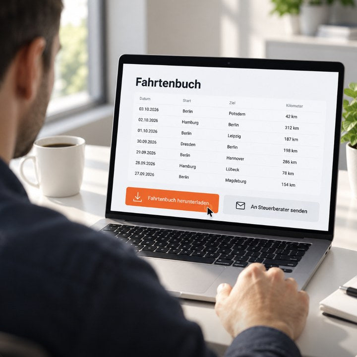 Mann am Laptop klickt in TrackPro auf Fahrtenbuch herunterladen, daneben An Steuerberater senden