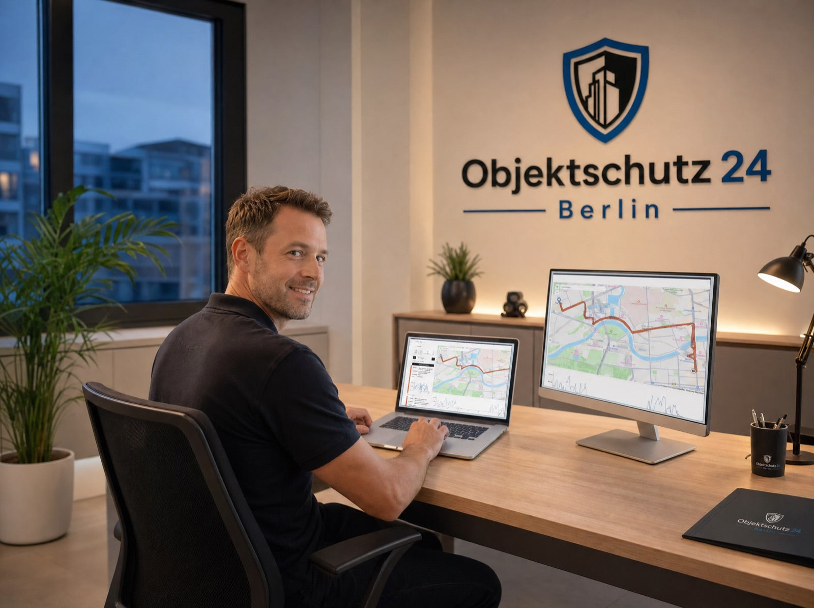 Objektleiter eines Sicherheitsdienstes prüft die Route einer Objektfahrt auf der Karte